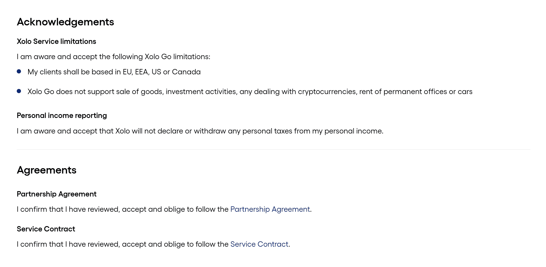 Xolo Review Agreements